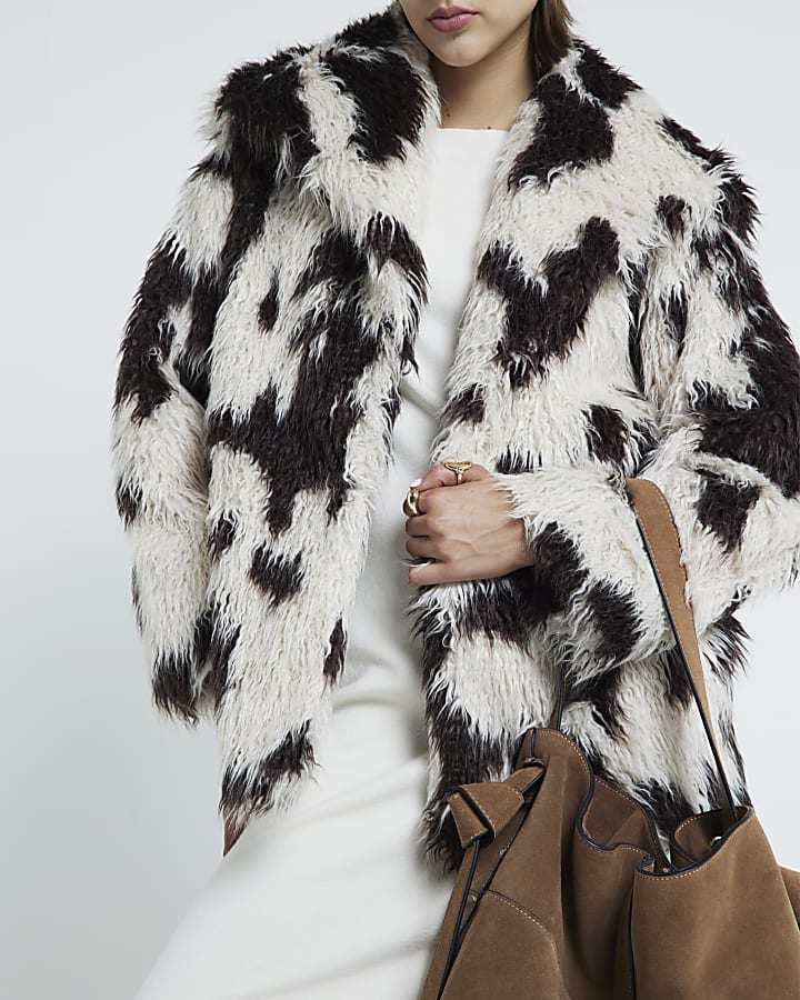 Cream Faux Fur Cow Print Coat