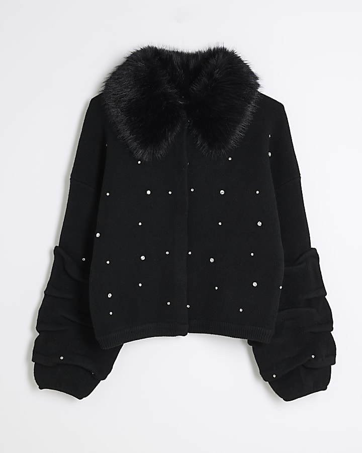 Black Faux Fur Collar Cardigan