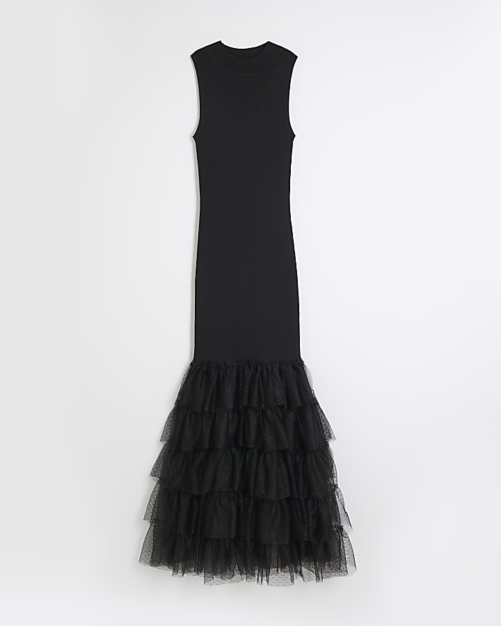 Black Tulle Sleeveless Maxi Column Dress