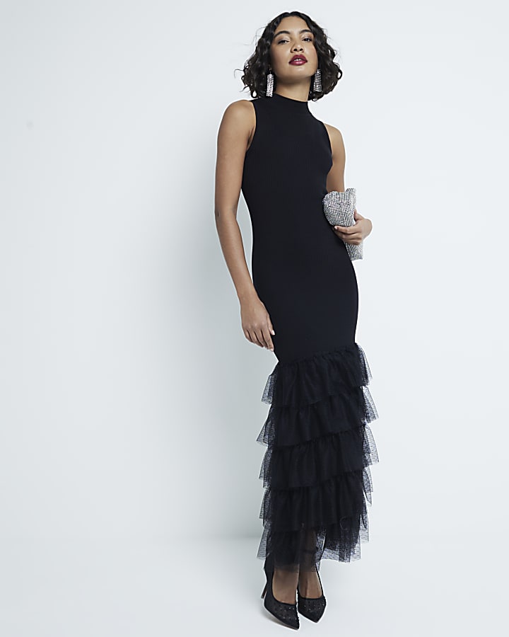 Black Tulle Sleeveless Maxi Column Dress