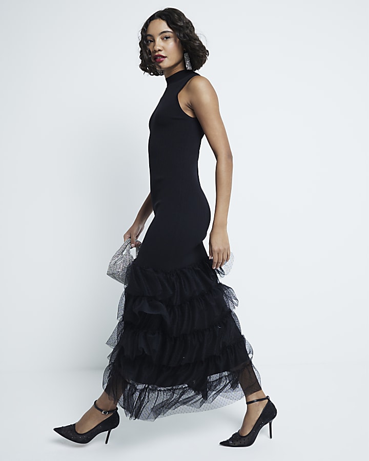 Black Tulle Sleeveless Maxi Column Dress