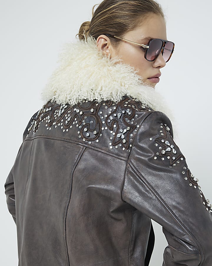 Brown Real shearling leather Bomber Jacket