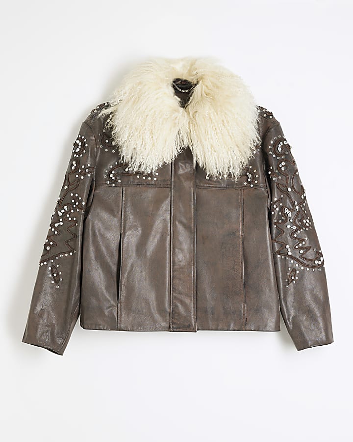 Brown Real shearling leather Bomber Jacket