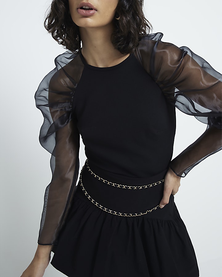 Black Organza Long Sleeve Top