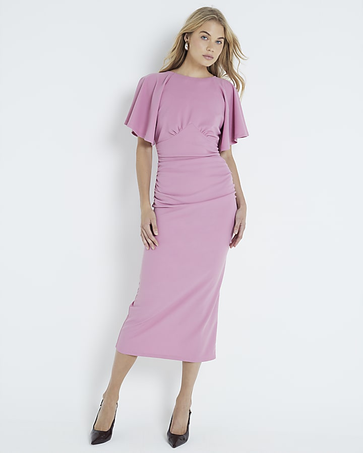 Pink Cape Sleeve Midi Dress