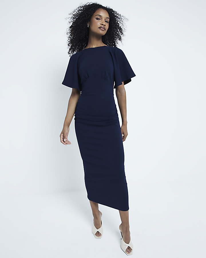 Navy Cape Sleeve Midi dress