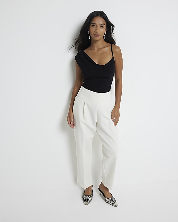 Petite cream high waisted straight trousers