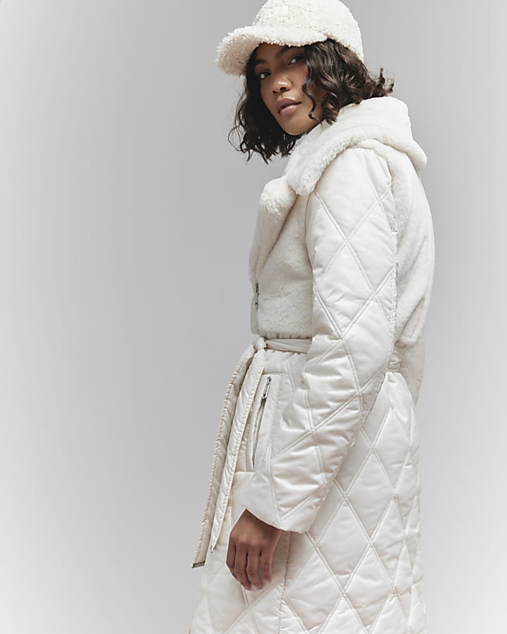 Cream Faux Fur Quilted Longline Coat