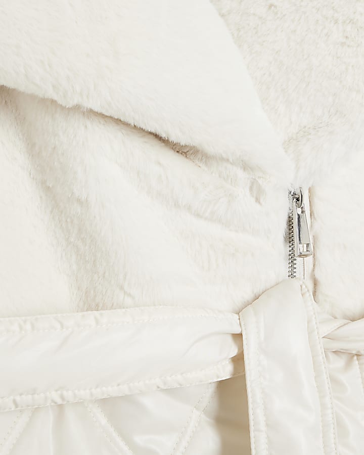 Cream Faux Fur Quilted Longline Coat