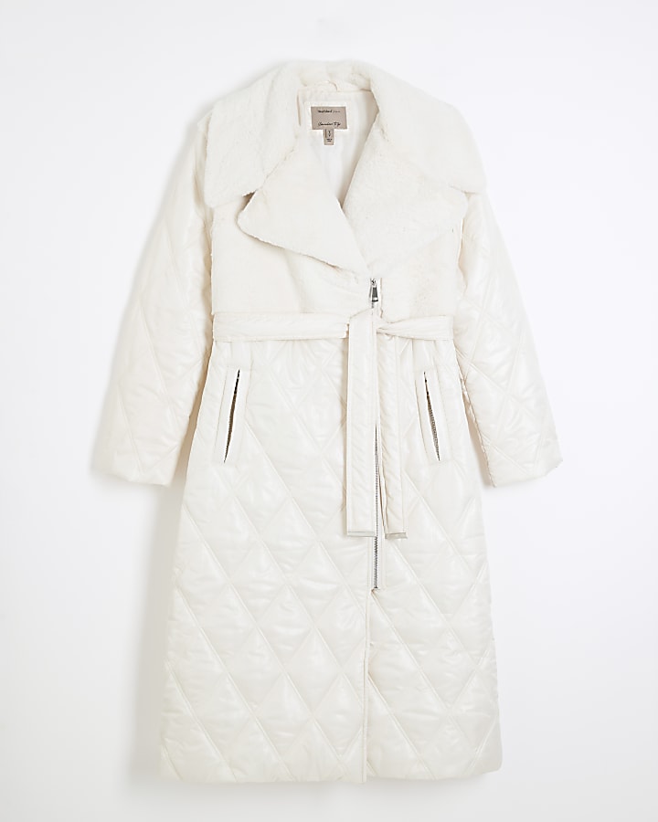 Cream Faux Fur Quilted Longline Coat
