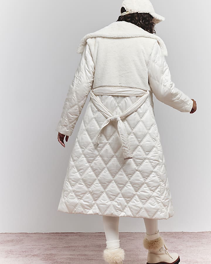 Cream Faux Fur Quilted Longline Coat
