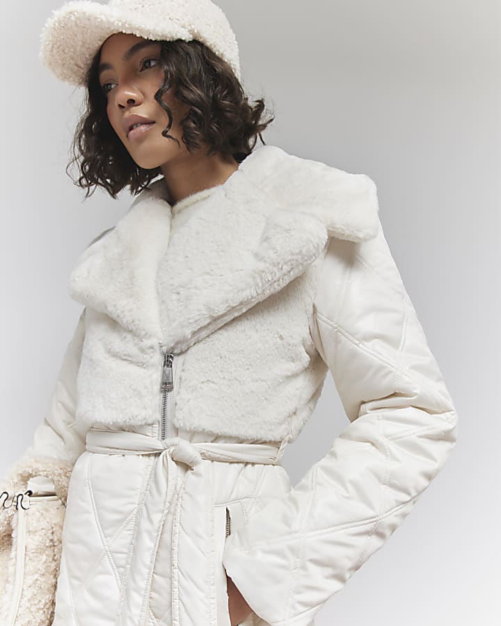 Cream Faux Fur Quilted Longline Coat