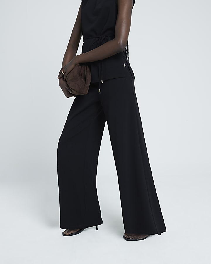 Black button detail wide leg trousers