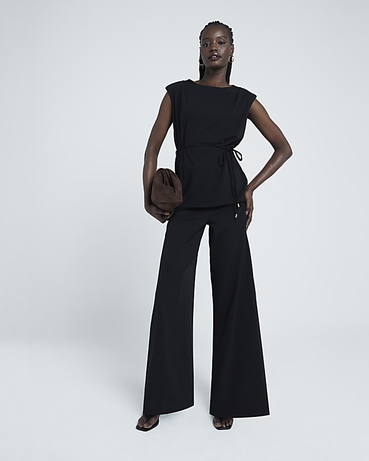 Black button detail wide leg trousers