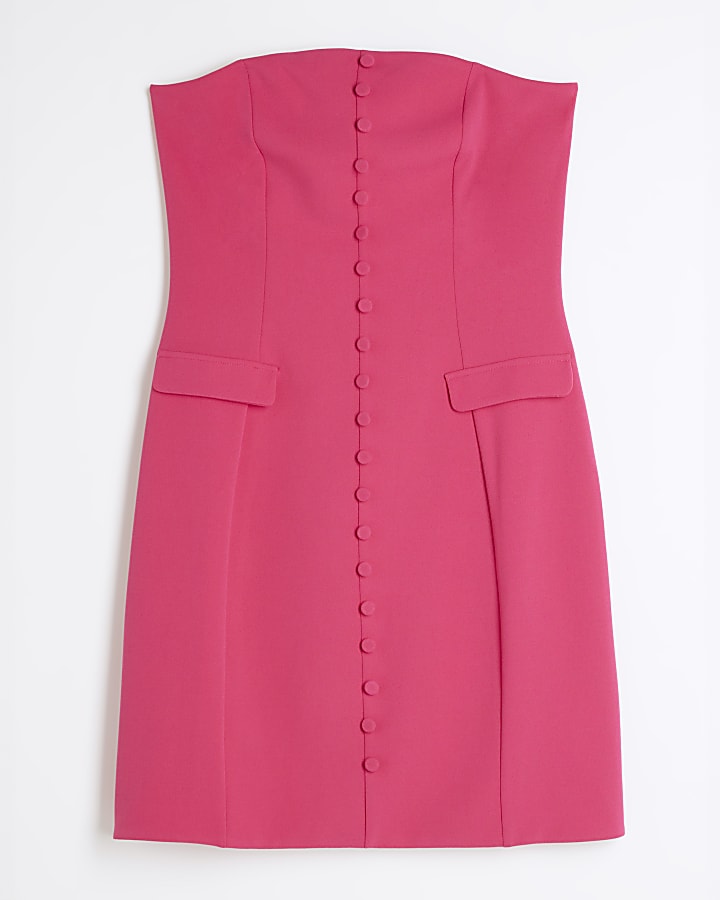 Pink Button Front Mini Bandeau Dress