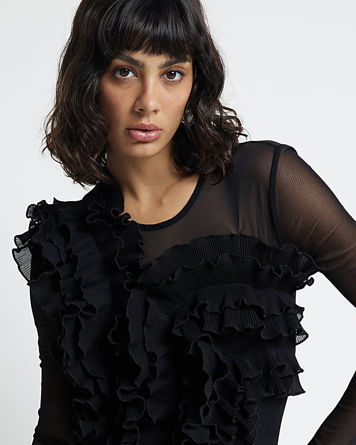Black Mesh Frill Long Sleeve Bodysuit