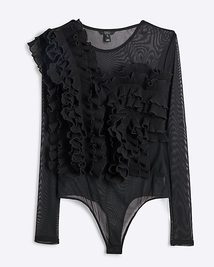 Black Mesh Frill Long Sleeve Bodysuit