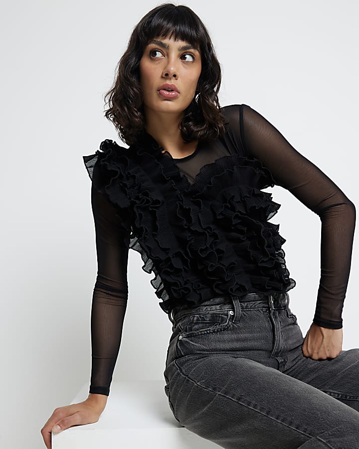 Black Mesh Frill Long Sleeve Bodysuit