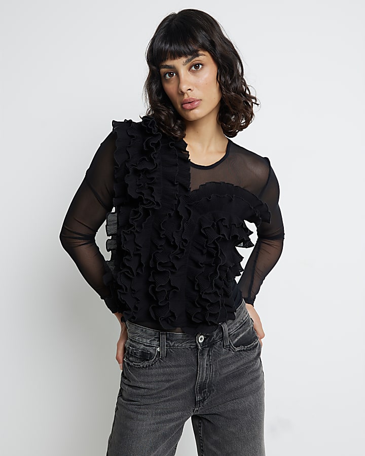 Black Mesh Frill Long Sleeve Bodysuit River Island