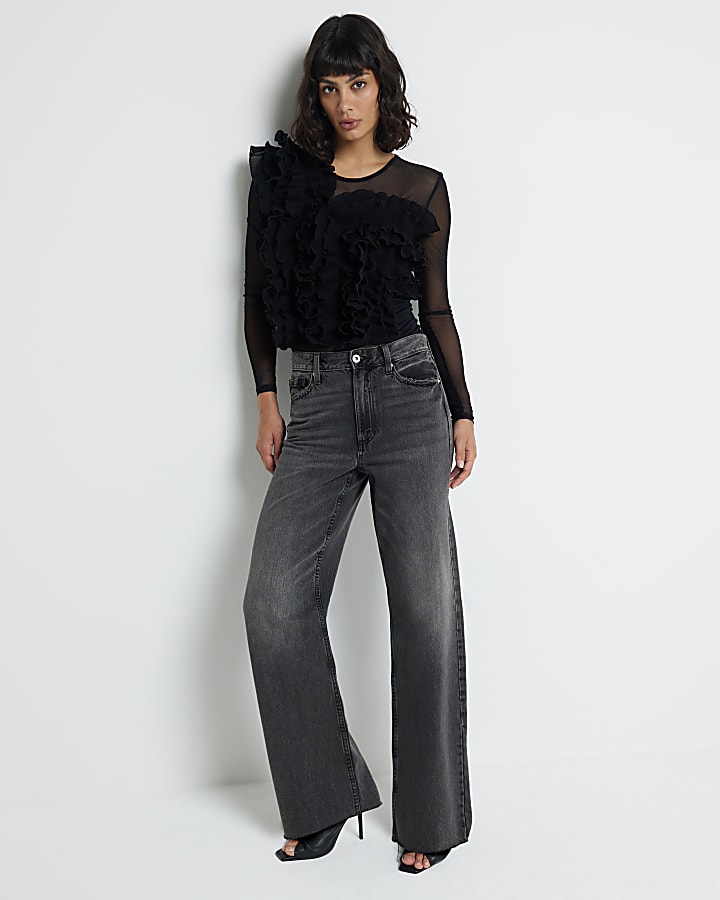 Black Mesh Frill Long Sleeve Bodysuit