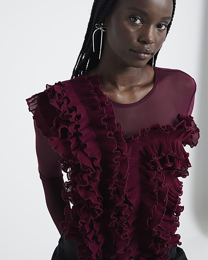 Red mesh frill long sleeve bodysuit