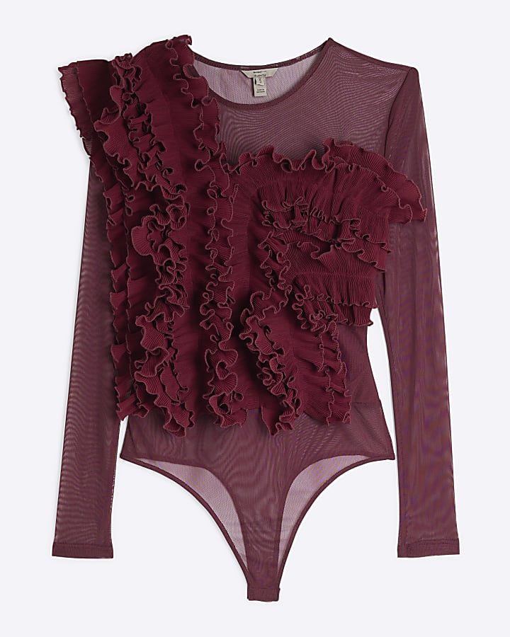 Red mesh frill long sleeve bodysuit
