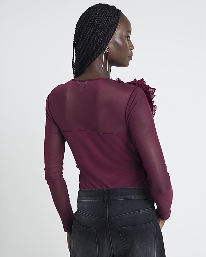Red mesh frill long sleeve bodysuit