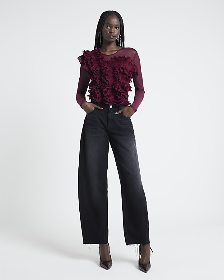 Red mesh frill long sleeve bodysuit