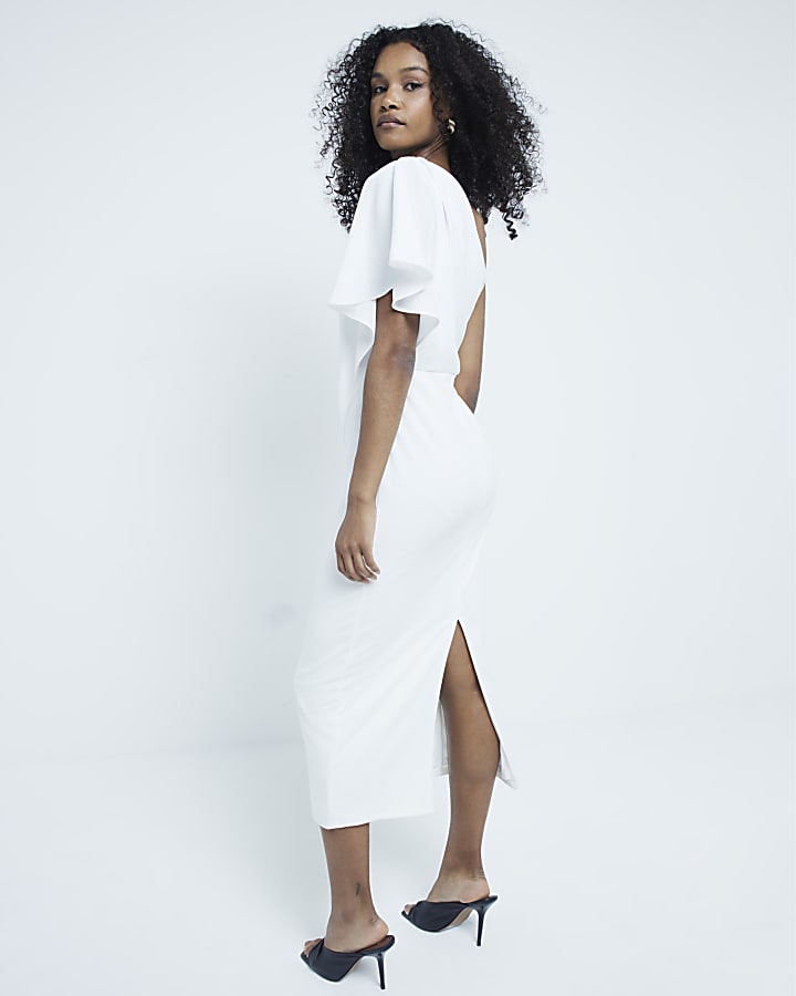 White cape asymmetrical midi dress