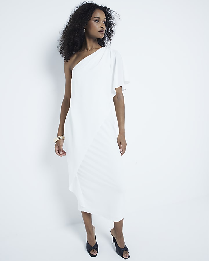 White cape asymmetrical midi dress