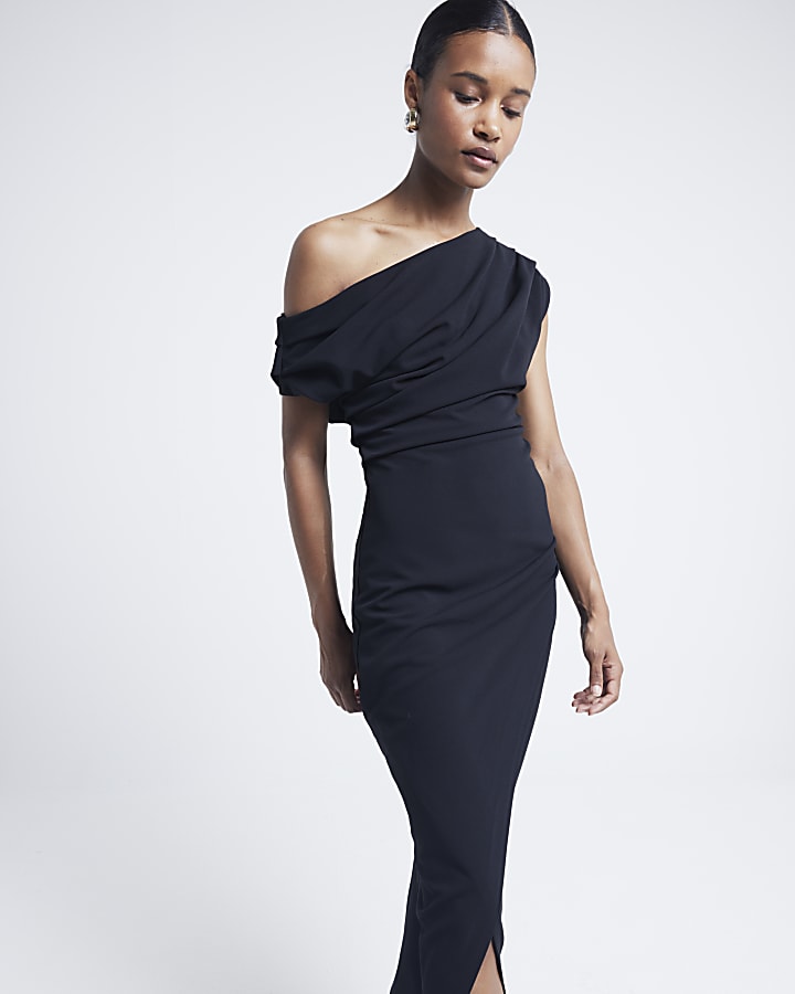 Black drape off shoulder bodycon maxi dress