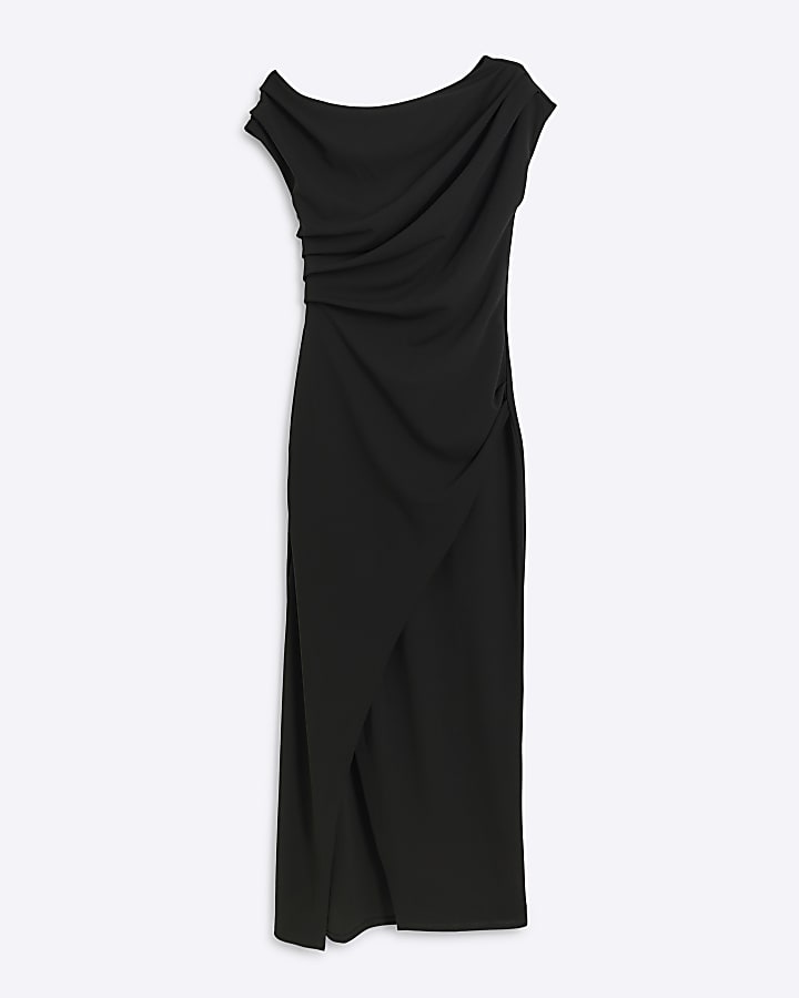 Black drape off shoulder bodycon maxi dress