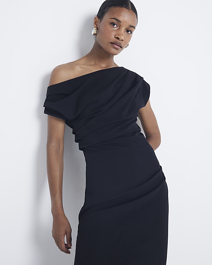 Black drape off shoulder bodycon maxi dress