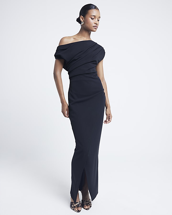 Black drape off shoulder bodycon maxi dress