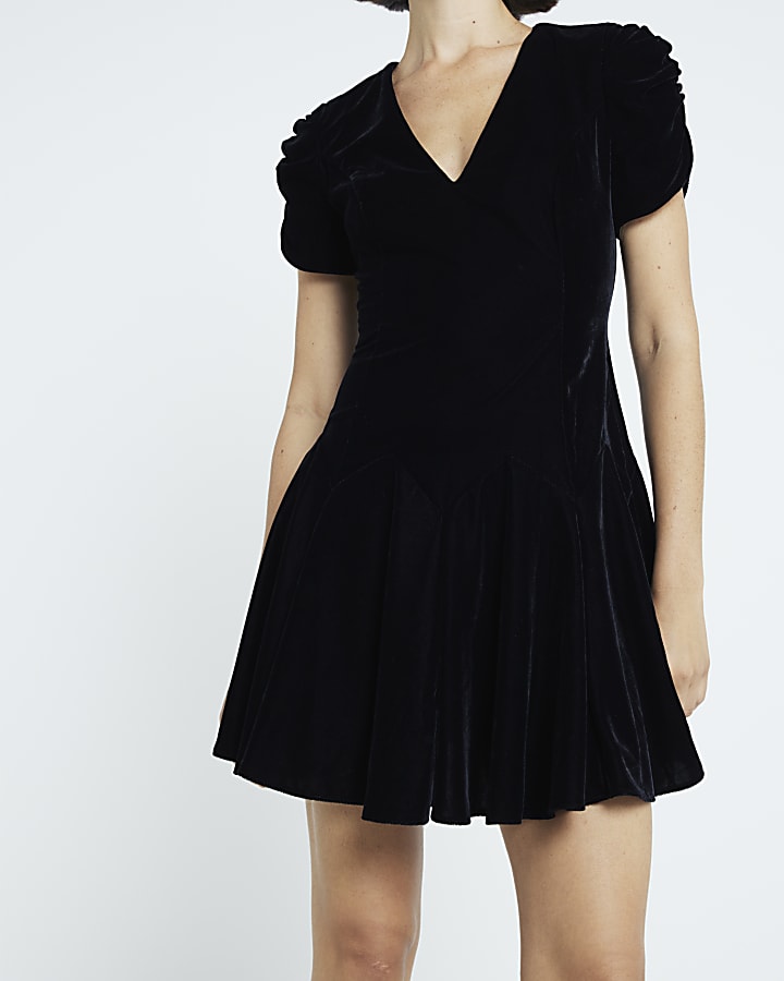 Black velvet v-neck mini dress