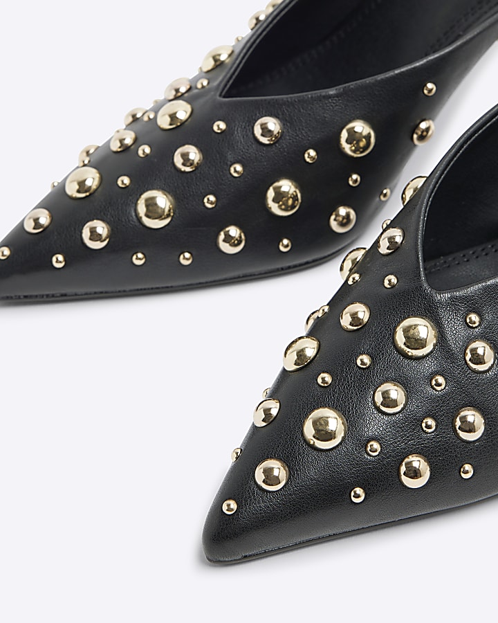 Black Stud Pointed Mule Heel Court Shoes