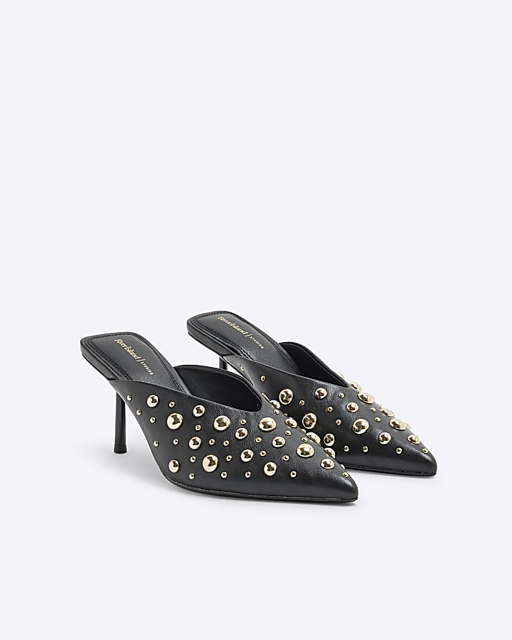 Black Stud Pointed Mule Heel Court Shoes