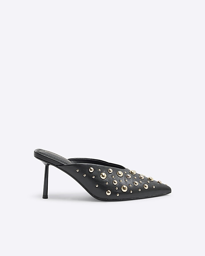 Black Stud Pointed Mule Heel Court Shoes