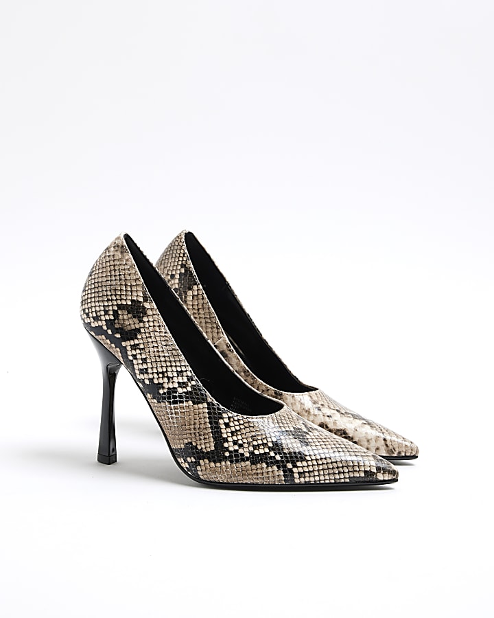 Grey Snake Heeled Court Shoes