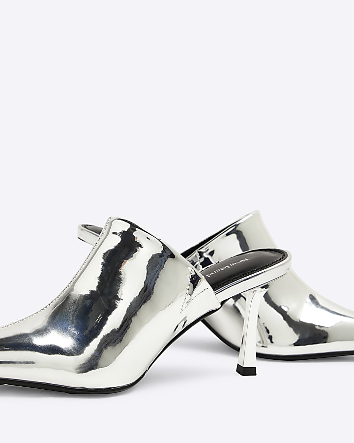 Silver Patent Pointed Mule Heeled Shoes