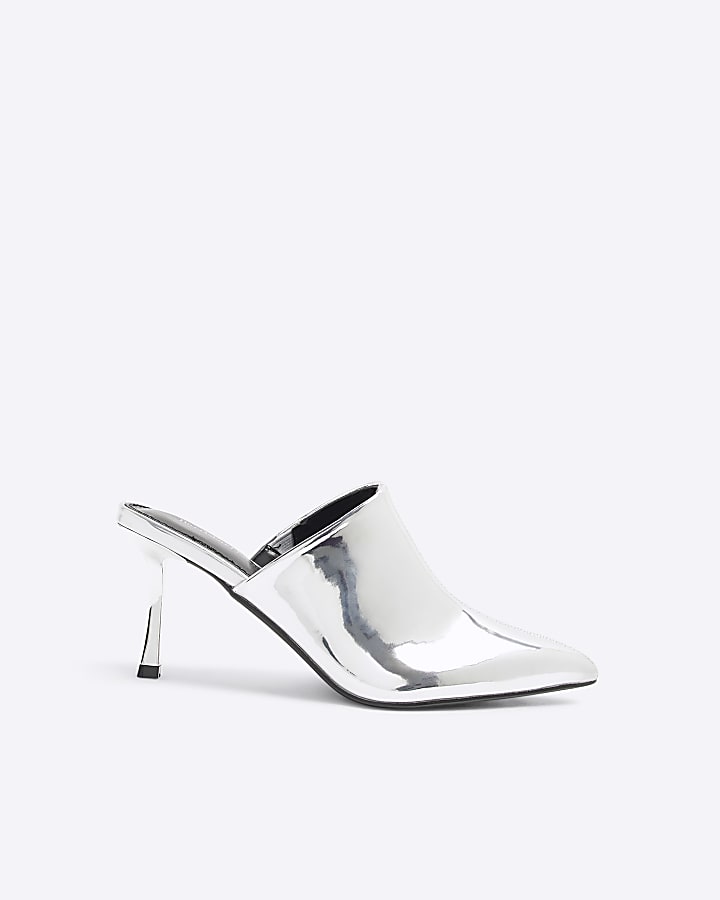 Silver Patent Pointed Mule Heeled Shoes