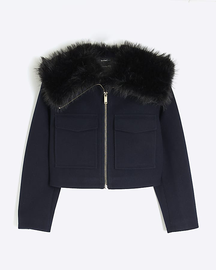 Navy Faux Fur Collar Cropped Jacket