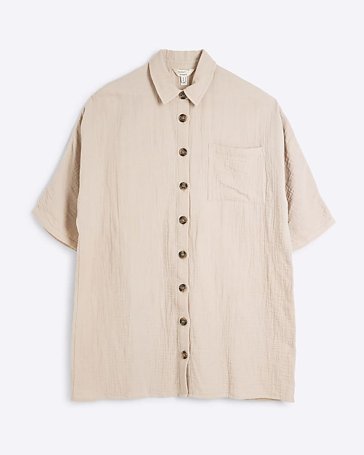 Beige Short Sleeve Longline Shirt