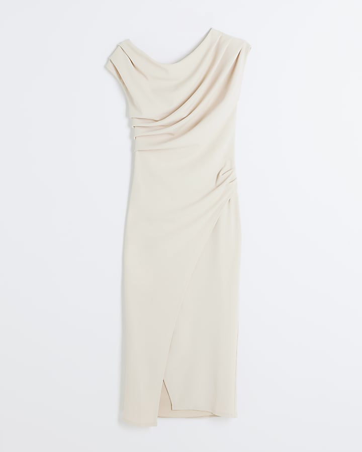 Stone Drape Off Shoulder Bodycon Midi Dress
