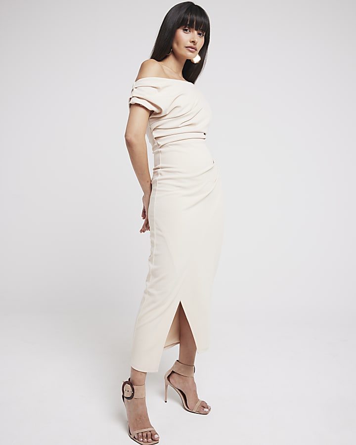 Stone Drape Off Shoulder Bodycon Midi Dress