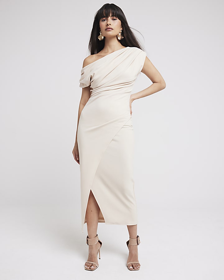 Stone Drape Off Shoulder Bodycon Midi Dress