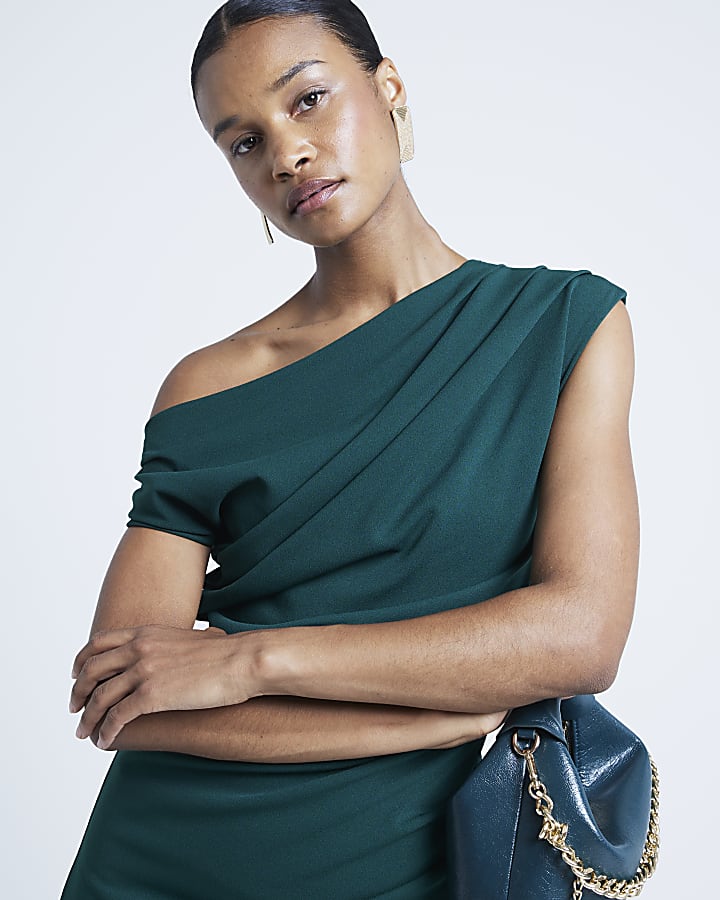 Green Asymmetric Drape Wrap Midi Dress