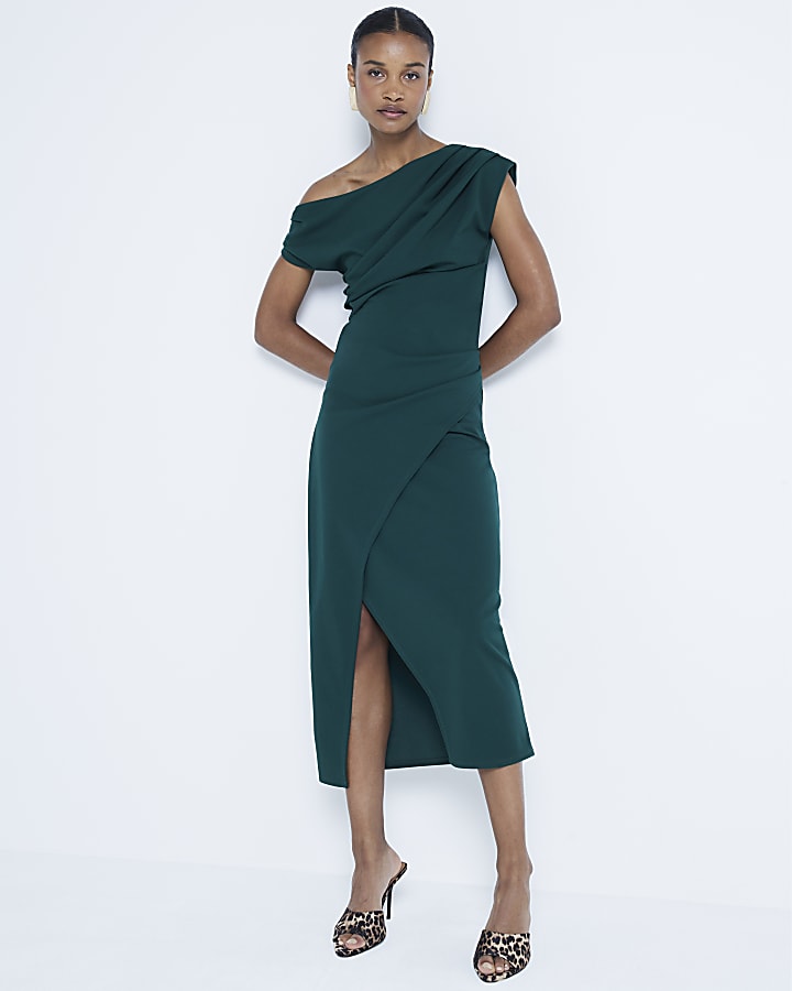 Green Asymmetric Drape Wrap Midi Dress