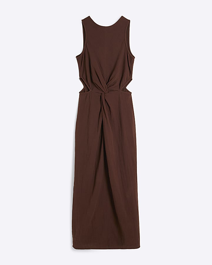 Brown Sleeveless Cut Out Midi Dress