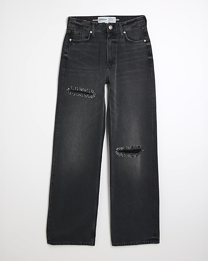 Black Embellished Rip Relaxed Straight Jeans